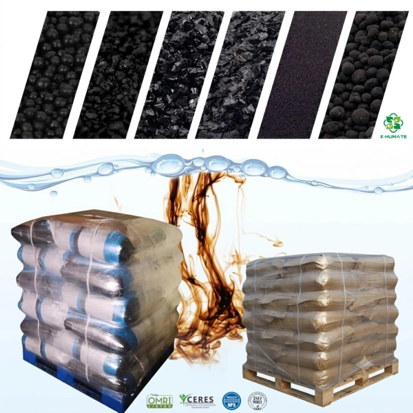 Premium x-humate humic acid organic fertilizer sourced from natural leonardite, including water soluble potassium humate granules, fulvic acid powder, and wholesale bulk shipment packaging.